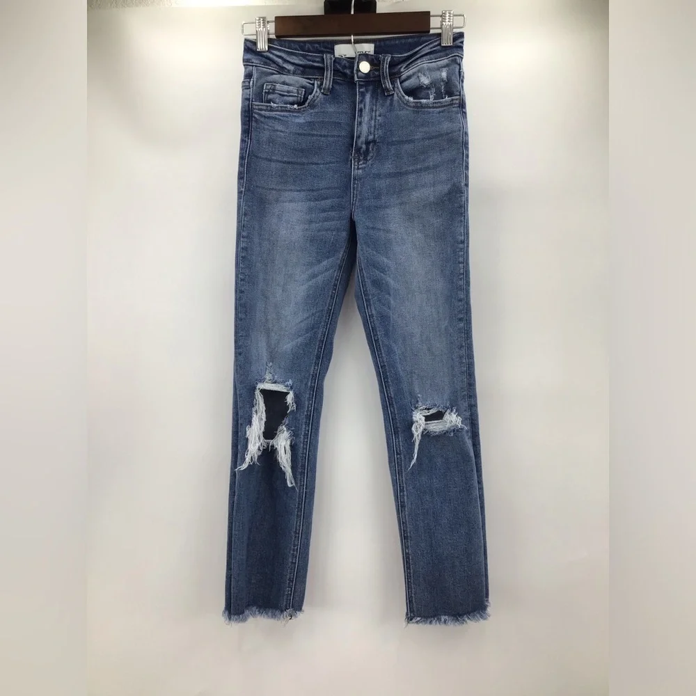 VERVET Straight Leg Ripped Cropped Blue Jeans - Picture 3 of 13
